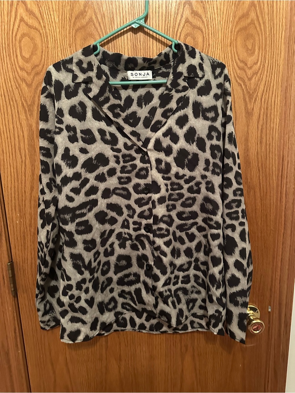 Women's Gray and Black Leopard Print Button-Up Sweater
